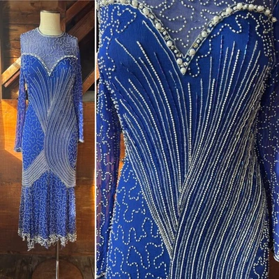 Vestido de fiesta True Vintage de seda con cuentas a mano de 1980 azul India S perlas Foto 1 de 4