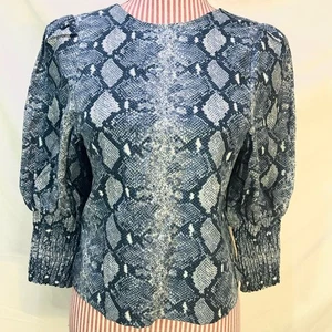 Blusa Azul Piel de Serpiente 100% Lino Algodón Edgy Chic Manga Abullonada Stella & Dot Talla XS - Imagen 1 de 7