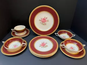 14 Pieces, Misc Set of Crown Ducal England China Maroon Gold Rose 5211 Plates - Picture 1 of 8