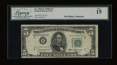DBR 1950-D $5 FRN New York Fr. 1965-B Legacy 15 Serial B63780746E - Image 1 of 2