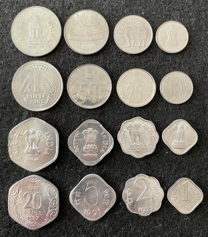 India 8 Coins Set 1 Rupee, 1, 2, 5, 10, 20, 25, 50 Paise UNC World Coins Cover