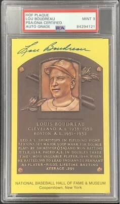 Lou Boudreau Signed Gold Plaque HOF Postcard Yellow Indians PSA/DNA Auto Mint 9 - Image 1 of 3