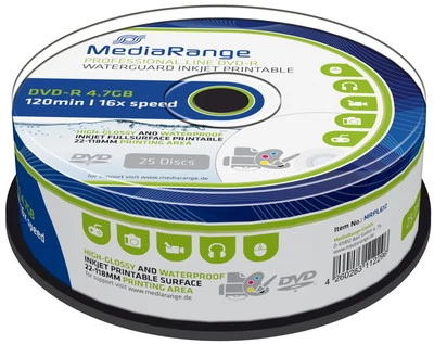 25 Mediarange Rohlinge DVD-R full printable waterguard glossy 4,7GB 16x Spindel - Bild 1 von 2