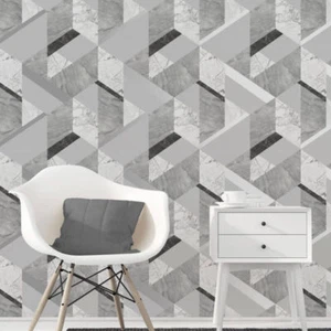 TRENDING Modern Geometric Marble Wallpaper Grey Black Metallic Silver FD42302 - Picture 1 of 2