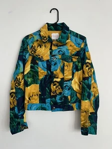 Isaac Mizrahi Jeans Lyla Jacket Denim Cropped Blue Yellow Floral Size Small - Picture 1 of 5