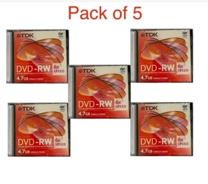 5 x disques DVD-RW vierges TDK 2x - 6x 4,7 Go 120 minutes étui à bijoux mince réinscriptible - Photo 1/2