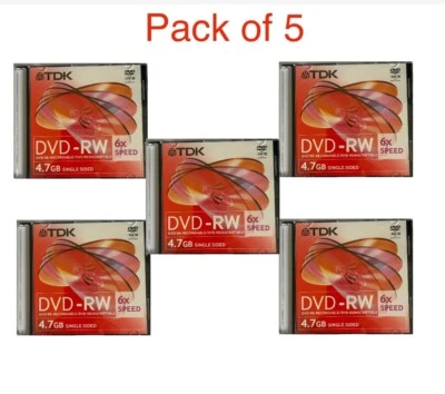 5 x TDK Blank DVD-RW discs 6x Speed 4.7GB 120 mins Rewritable Slim Jewel Case - Image 1 of 2