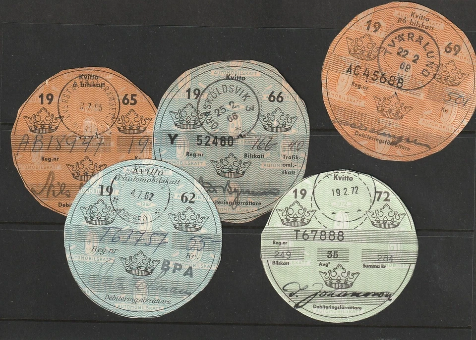SUECIA: Lote de 5 recipientes de impuestos de automóviles 1965-72. Cancelado en oficina de correos. Escaso. Foto 1 de 1