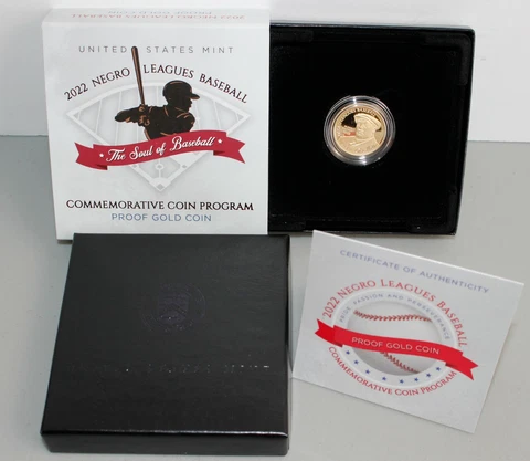 2022 W Negro Leagues Baseball Proof Five-Dollar Gold Coin Box and COA $5 Commem Cover