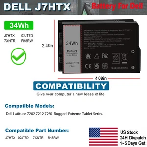 34Wh J7HTX Battery For Dell Latitude 12 7212 7202 7220 Rugged Tablet 7XNTR FH8RW - Picture 1 of 12