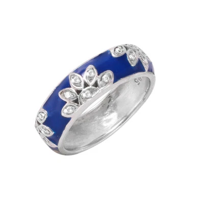 Argento Sterling Smalto Fiore Design Pietre Zirconi Cubici Donna Eternity Fedina - Immagine 1 di 2