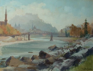 Hans Hofmann (1902-1975) vista sulla fortezza di Hohensalzburg dalle rive del Salzach. - Foto 1 di 12