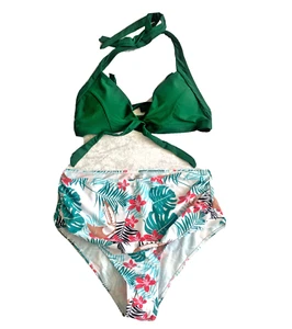 Women's Halter Swimsuit High Waist Bikini Push Up Padded Tie Knot Top Green 2XL - Picture 1 of 6