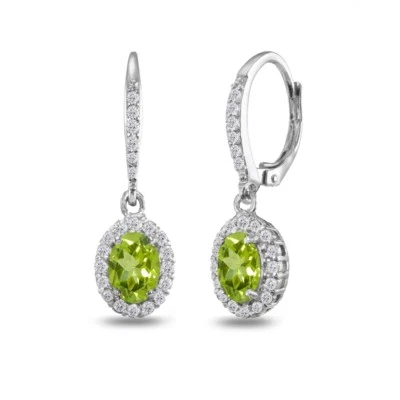 Oval Halo Peridot & White Topaz Dangle Leverback Earrings in Sterling Silver - Image 1 of 4
