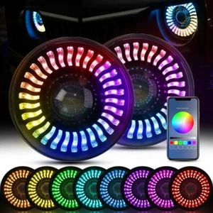 2PCS RGB 7'' INCH Halo LED Headlights Combo Chasing for Jeep Wrangler JL JK TJ - Foto 1 di 11