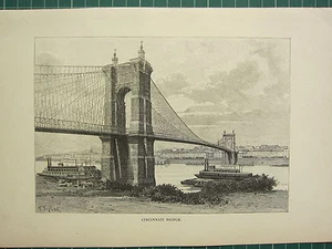 c1890 ANTIQUE PRINT ~ CINCINNATI BRIDGE ~ OHIO KENTUCKY - Picture 1 of 1