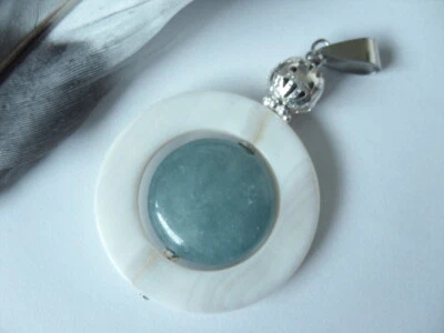 30 mm Designer Perlmutt Ring Ketten Anhänger m.17 mm Aquamarin+ Edelstahl Öse - Bild 1 von 2