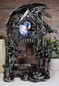 Large Gothic Smaug Dragon Overlord Guarding Castle Pendulum Table Clock Statue - Picture 1 of 8