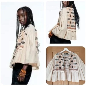 Zara embroidered cotton kimono blouse jacket hippy boho top ethnic s m - Picture 1 of 18