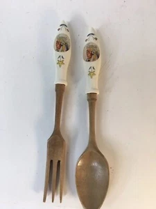 Vtg Indian Head Floral Ceramic Handle Wooden Salad Fork Spoon Set Phoenixville - Picture 1 of 8