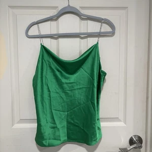 🟢Nicole Miller Women's Size small Green Satin Cami Top Silver Chain Strap SZ M - Picture 1 of 4