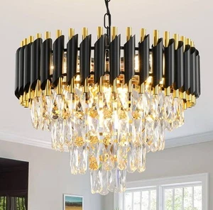 Gold Modern 4 Tier Crystal Round Chandelier | Black & Gold, 13” x 20”, Hanging - Picture 1 of 4