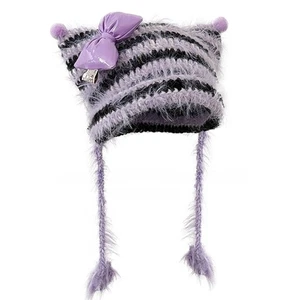 Purple Knitted Hats Subculture Pompoms Decorations Beanie Hats Cute Photo Props - Picture 1 of 8