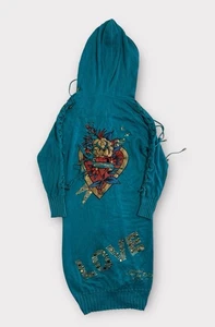 Vestido Ed Hardy Cremallera Completa Sudadera Para Mujer Grande Bling Con Capucha Verde azulado Cremallera Completa Arte - Imagen 1 de 12