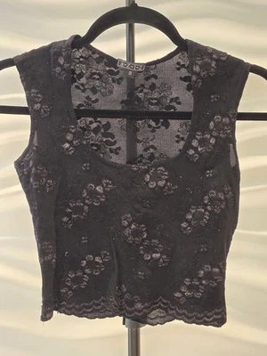 90s Vintage AZIZ Crop Top Size S Black Floral Lace Sheer Sleeveless Scoop Neck - Image 1 of 4