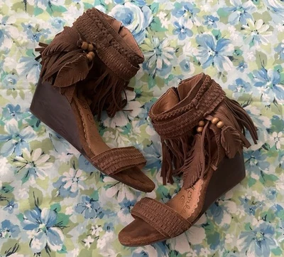 Naughty Monkey Taupe Fringe Leather Suede Wedge Sandals Size 7.5 Boho Moccasin - Image 1 of 4