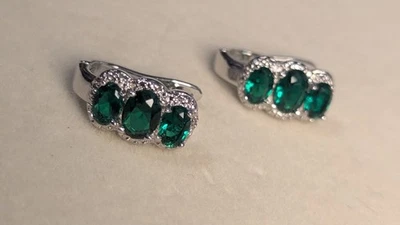 Rhodium Plated Silver and Created Green Emerald And Diamond Earrings - Image 1 of 4
