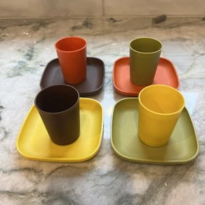 Tupperware Toys Square Plates w Cups Mini Playset Harvest Colors Set Lot Vintage - Picture 1 of 4