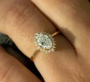 Lab Created Diamond 14K Yellow Gold Finish Cluster Wedding Ring 2.0Ct Oval Cut - Picture 1 of 6