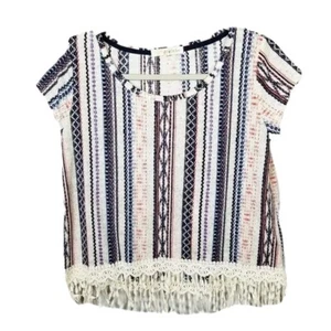 Rewind Boho Crochet Fringe Hi-Low Shirt Women's XS Multicolor Striped - Picture 1 of 8