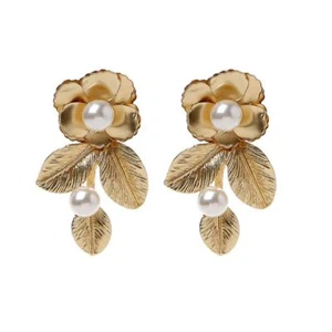Luxury Tone Pearl Leaf Flower Royal Earrings Wedding Bridal Nice Vintage Jewelry - Picture 1 of 6