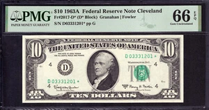 1963 A $10 FEDERAL RESERVE STAR NOTE CLEVELAND FR.2017-D* PMG GEM UNC 66 EPQ - Picture 1 of 3