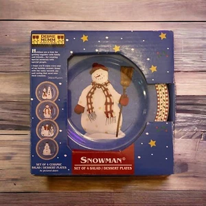 Debbie Mumm Sakura Set of 4 Blue Snowman 8" Salad Dessert Plates Christmas NEW - Picture 1 of 11