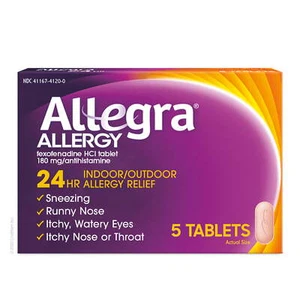 Allegra Adult 24 Hour Non-Drowsy Antihistamine Allergy Relief 180mg Tablets 5 Ct - Picture 1 of 8
