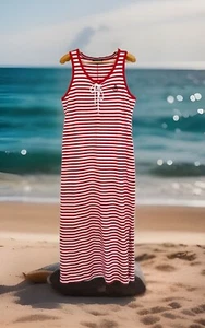 TOMMY HILFIGER Women Maxi Dress Sz L Red White Stripe Sleeveless Nautical - Picture 1 of 7