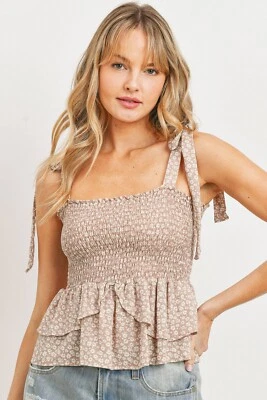 Tie Shoulder Peplum Tank Floral Smocking Babydoll Paper Crane Size Large - Image 1 of 3