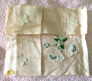 Vintage Hanky Peach Linen Embroidered Appliqued FLOWERS Hemstitched Grandma TAG - Picture 1 of 7