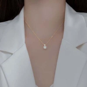 Sterling Silver Round Single Pearl Silver Fine Chain Necklace with Diamante Crys - Picture 1 of 6