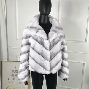 Women's Chinchilla Real Rex Rabbit Fur Coat Stand Collar Warm Jackets White Grey - Picture 1 of 7