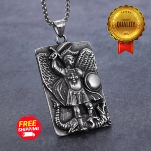 Stainless Steel Archangel Saint St Michael Angel Tablet Pendant Necklace For Men - Picture 1 of 8