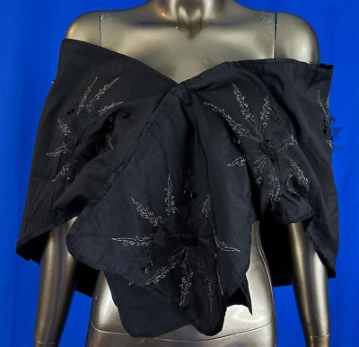 Vintage 1950 Black Silk Taffeta Beaded Embroidered Evening Wrap Cape Stole Shawl - Image 1 of 4
