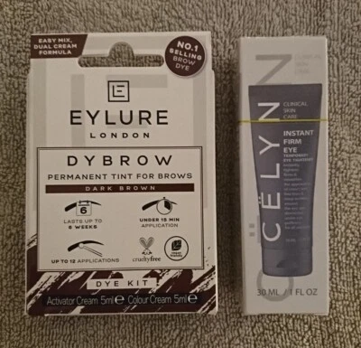 Eylure Dybrow Dark Brown Dye Kit (2x5ml) Cëlyn Instant Firm Eye Cream 30ml NEW - Image 1 of 4