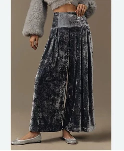 ANTHROPOLOGIE CRUSHED VELVET WIDE-LEG PULL-ON PANTS BLUE L - Picture 1 of 9