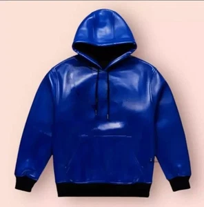 Men's Blue Hooded Bomber Leather Jacket| Genuine Soft Sheepskin Leather Hoodie M - Picture 1 of 3