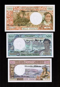New Hebrides Set 100 + 500 + 1000 FRANCS ND(1975-79) Nice Embossing Gem UNC - Picture 1 of 2