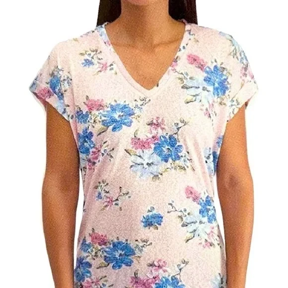 Bobeau V Neck Casual Shirt Short Sleeve Round Hem Pink Floral Ladies Size L